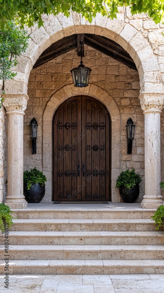 Fototapeta premium Exterior view of a stone archway entrance with a wooden door, steps, and decorative elements, lit by natural daylight.