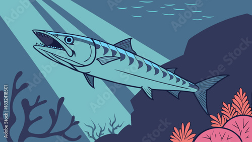 Illustration of a barracuda swimming underwater with coral and light rays shining down from above