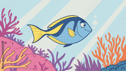 Cartoon blue tang swimming near coral reef with light blue background and bubbles illustration