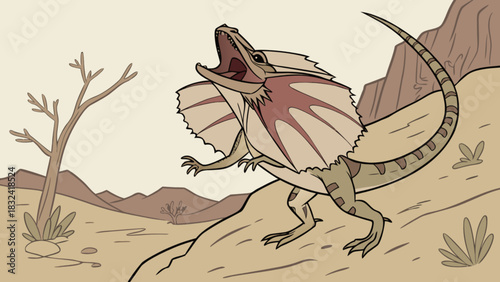 Frilled neck lizard standing with mouth open in a desert landscape with sparse vegetation present