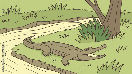 A cartoon alligator lying on the riverbank with its mouth open in a grassy and wooded environment