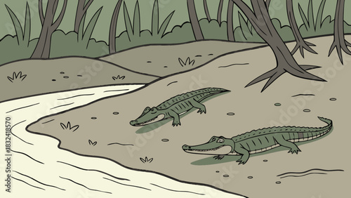 Two alligators resting on the bank of a river with trees in the background in a swampy landscape