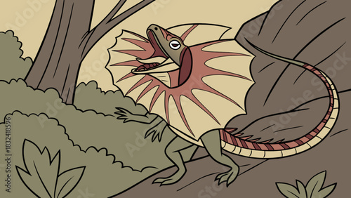Illustration of a frilled neck lizard standing in a forest environment with trees and bushes around it