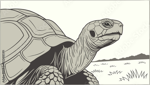 Close up illustration of a tortoise with a detailed shell and neck in a grassy landscape view