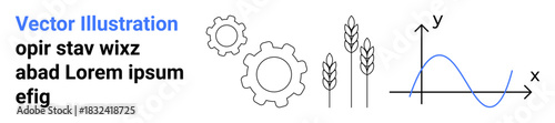 Agriculture, technology, data analysis, innovation, industrial development, farming science. Gears, wheat stalks graph with axes and curve. Agriculture and technology symbols progress