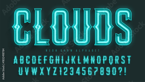 Retro circus alphabet design, cabaret, fairy neon lamps letters and numbers.