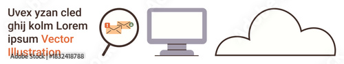 Cloud computing, email communication, cybersecurity, data storage, network analysis, and IT infrastructure. Magnifying glass on envelope, computer screen and cloud icon. Email security and cloud