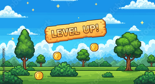 Pixelated Level Up Announcement with Coins and a Wood Sign Against a Bright Blue Sky