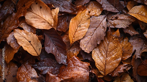 Wet Autumn Leaves with Water Droplets image photo