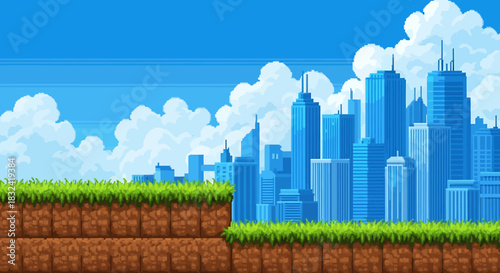 Pixel Art Cityscape and Grassland Platform Side View Featuring Nature and Urban Landscape Elements