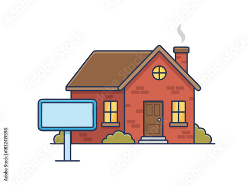 Charming Brick House With A Blue Signboard In Front Under A Clear Sky With Smoke Coming Out Of Chimney