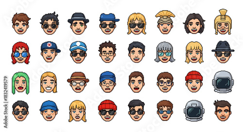 Collection of Pixel Art Avatars Diverse Male and Female Characters, Expressions, and Styles