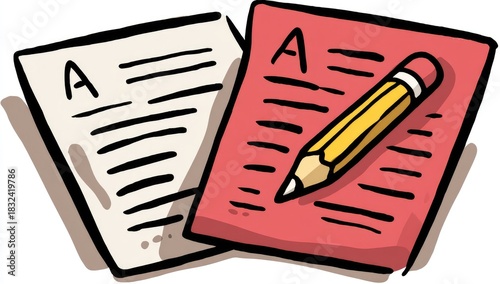 Papers with an A grade and a pencil.