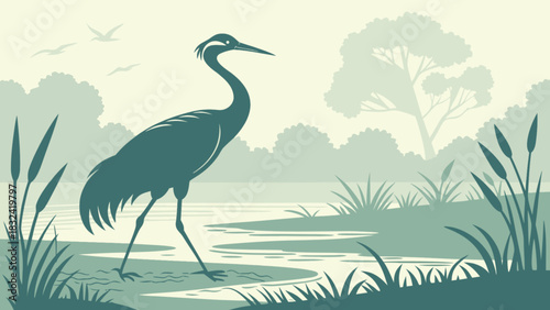 A silhouette of a heron wading in shallow water with reeds and trees in the background landscape scene