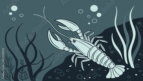 Illustration of a light blue lobster in a dark blue ocean with seaweed and bubbles underwater scene
