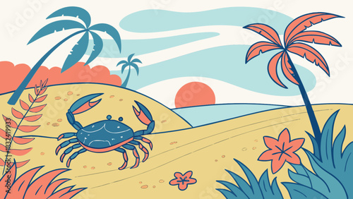 A whimsical beach scene featuring a crab palm trees and a sunset in a cartoon style illustration