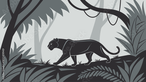 A black panther prowling through a dense jungle with trees and lush foliage in a grayscale illustration