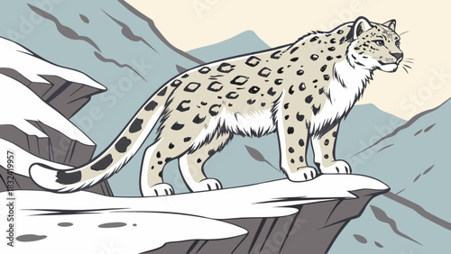 Illustration of a snow leopard standing on a rocky cliff with mountains in the background scenery view