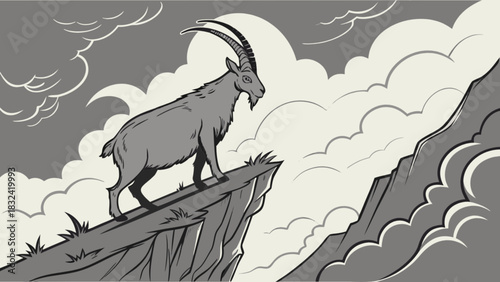 A gray ibex standing on a cliff edge with clouds and mountains in the background in monochrome style