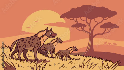 Cartoon hyenas walking in the african savanna with a tree and sunset in the background scene drawing