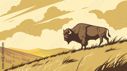Illustration of a bison walking on a grassy hill with a cloudy sky in the background scenery design