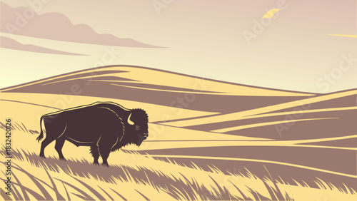 A solitary bison grazes on a golden grassy plain beneath a pastel sky with soft rolling hills far away