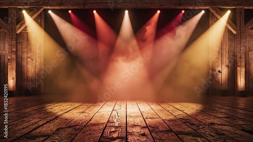Stage with dramatic lighting, spotlights illuminating a wooden floor and rustic background for performances