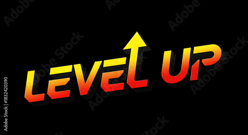 Vibrant 'Level Up' text design with upward arrow, symbolizing growth, achievement, and success in gaming or personal development journeys
