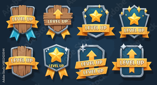 Level Up Badge Icons Set, Game Achievement Symbols, Digital Graphic Design, Vector Illustration, UI Elements, Front View, Gamification Concept