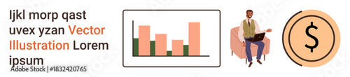 Business planning, financial analysis, data visualization, entrepreneurship, budget tracking, profit management. Bar graph, businessman with laptop currency symbol. Business planning and financial