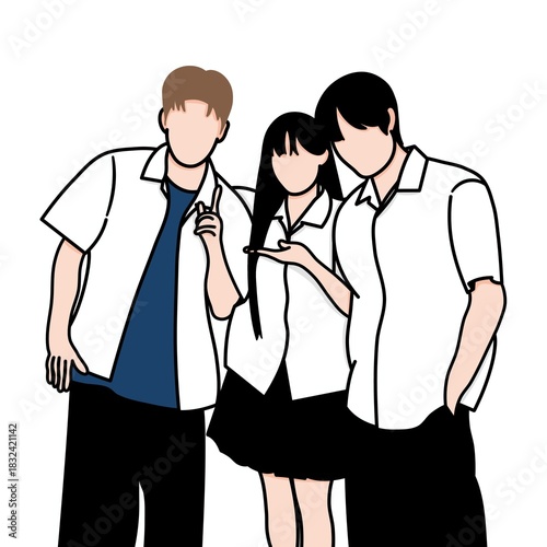 Vector illustration of a woman embracing two male friends. The painting was inspired by a scene from a popular Korean drama.