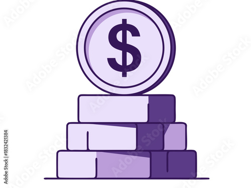 Conceptual vector illustration of financial growth showing a stacked coin on top of abstract brick steps in purple and white tones against a black background symbolizing wealth and investment.