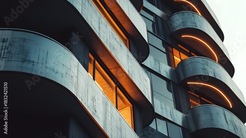 Modern Building Facade with Orange Neon Lights photo Image