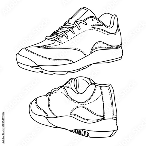 Two athletic shoes in a simple line art drawing style.
