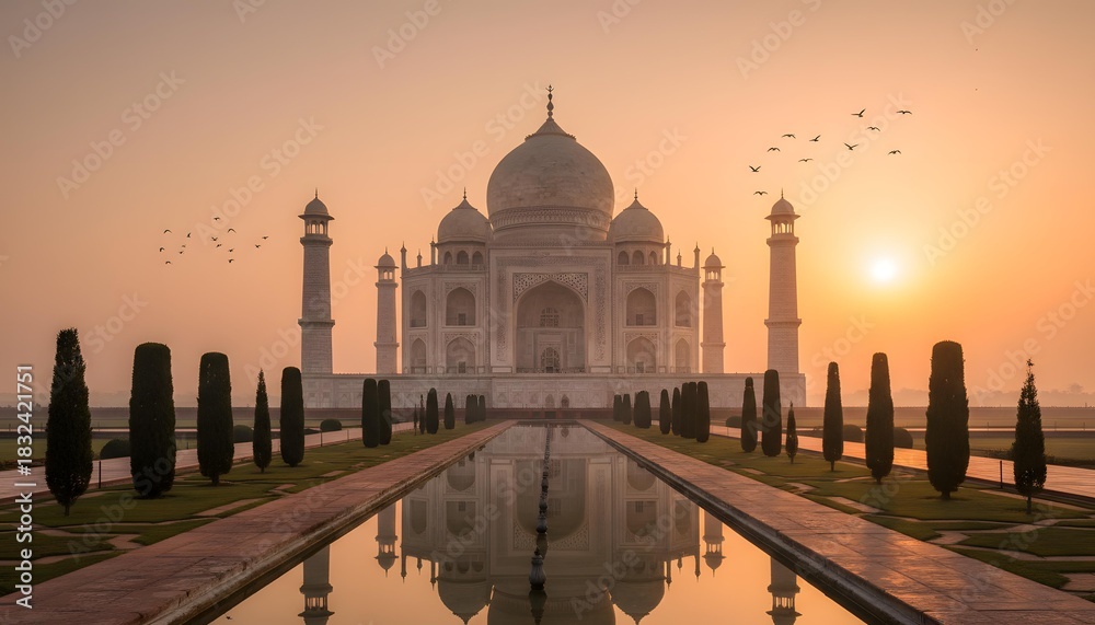 Obraz premium Taj Mahal at Sunrise with Soft Golden Light, Symmetric Reflection Pool and Silhouette Birds Above Iconic Monument in Agra India