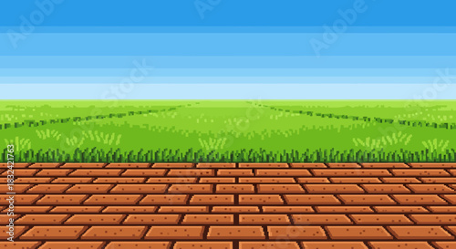 Brick Pathway Leading to Green Grass Field Under Clear Blue Sky Landscape Illustration Viewpoint