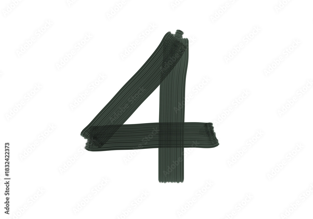 Obraz premium Number Four, 4 made with Plaster Rake Brush on transparent background, Black color, Dark-green color, Abstract isolated background, Illustration, Typography, Education, Handmade, Set 0-100