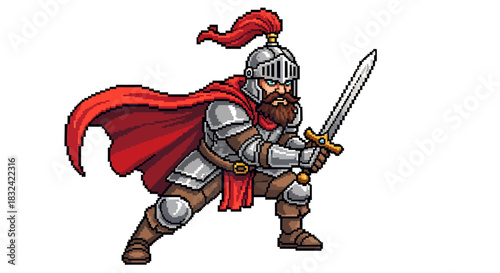 Pixel Art Knight with Sword and Red Cape, Ready for Battle in a Fantasy Medieval Setting