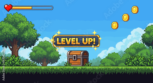 Retro 8-bit video game interface showing a level up achievement with a treasure reward in a pixelated world