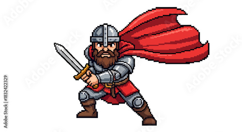 Pixelated Knight with Sword and Red Cape, Medieval Warrior in Digital Art Style