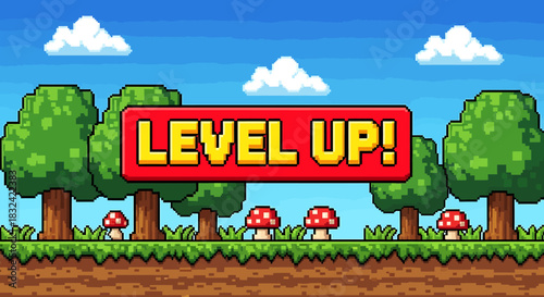 Retro pixel art 'Level Up!' screen design. Vibrant game achievement banner in an old school arcade style. Gaming progress and success