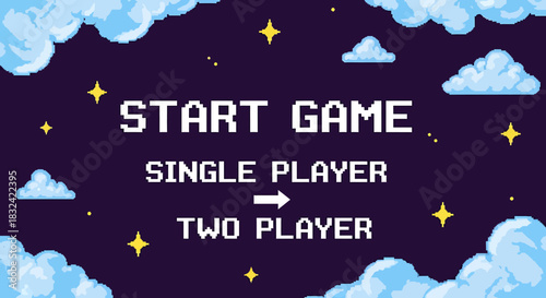 Pixel art style video game start screen with options to begin single player or two player modes