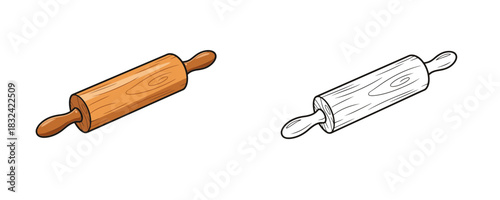 Doodle style illustration of a wooden kitchen baking rolling pin in brown colors next to a black and white outline for coloring book activity