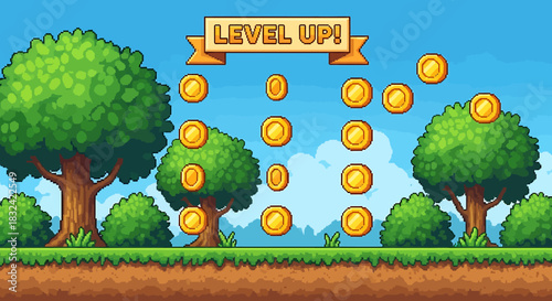 Charming 2D arcade video game background with a sunny forest path and collectible gold coins
