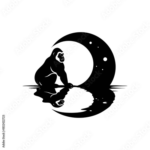 A gorilla sits near water, its reflection visible, set against a crescent moon and stars in a stylized black and white illustration.