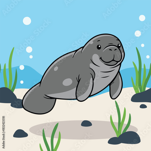 Cute Amazonian Manatee (Trichechus Inunguis) Swimming Underwater, Aquatic Mammal Character In Flat Design Style Vector Illustration
