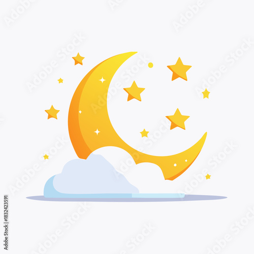Golden Crescent Moon and Stars Illustration.