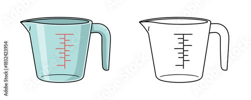 Doodle style illustration of a kitchen glass measuring cup with graduation marks and a handle next to a black and white outline for coloring book activity