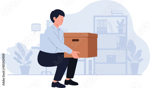 Person lifting box in office setting with coworkers around