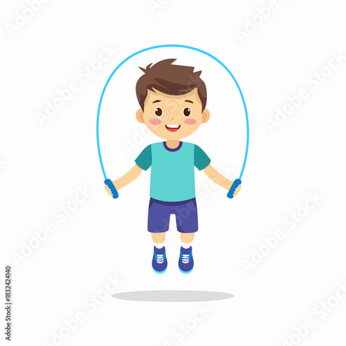 Happy little boy jumping rope, engaging in active play and exercise, showcasing a healthy and energetic childhood activity.
